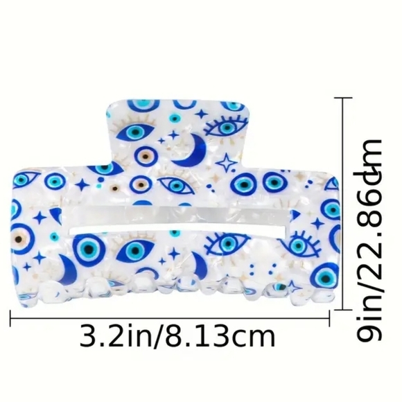 Evil Eye Hand-Painted Mother of Pearl/Opal/White Turquoise Blue Hair Claw Clip - Picture 7 of 8